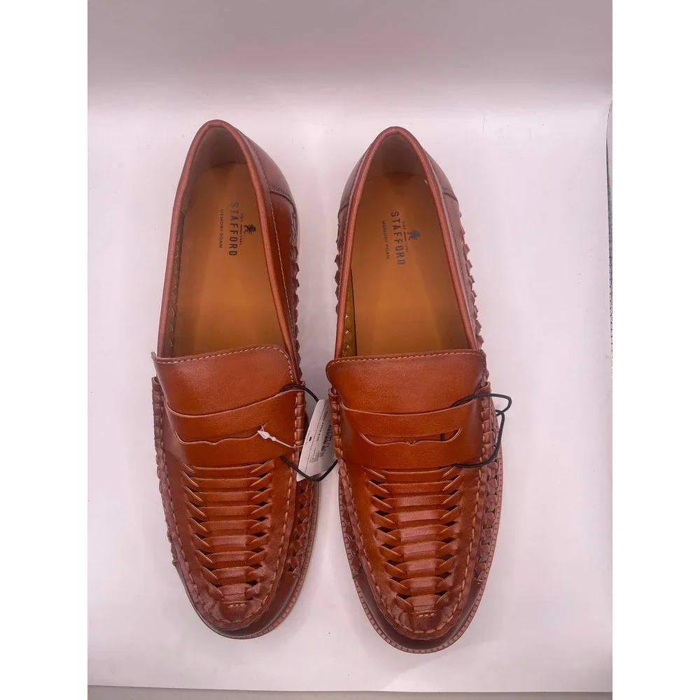 Stafford Barolo Mens Cognac Woven Leather Penny Loafers Memory Foam 11 M